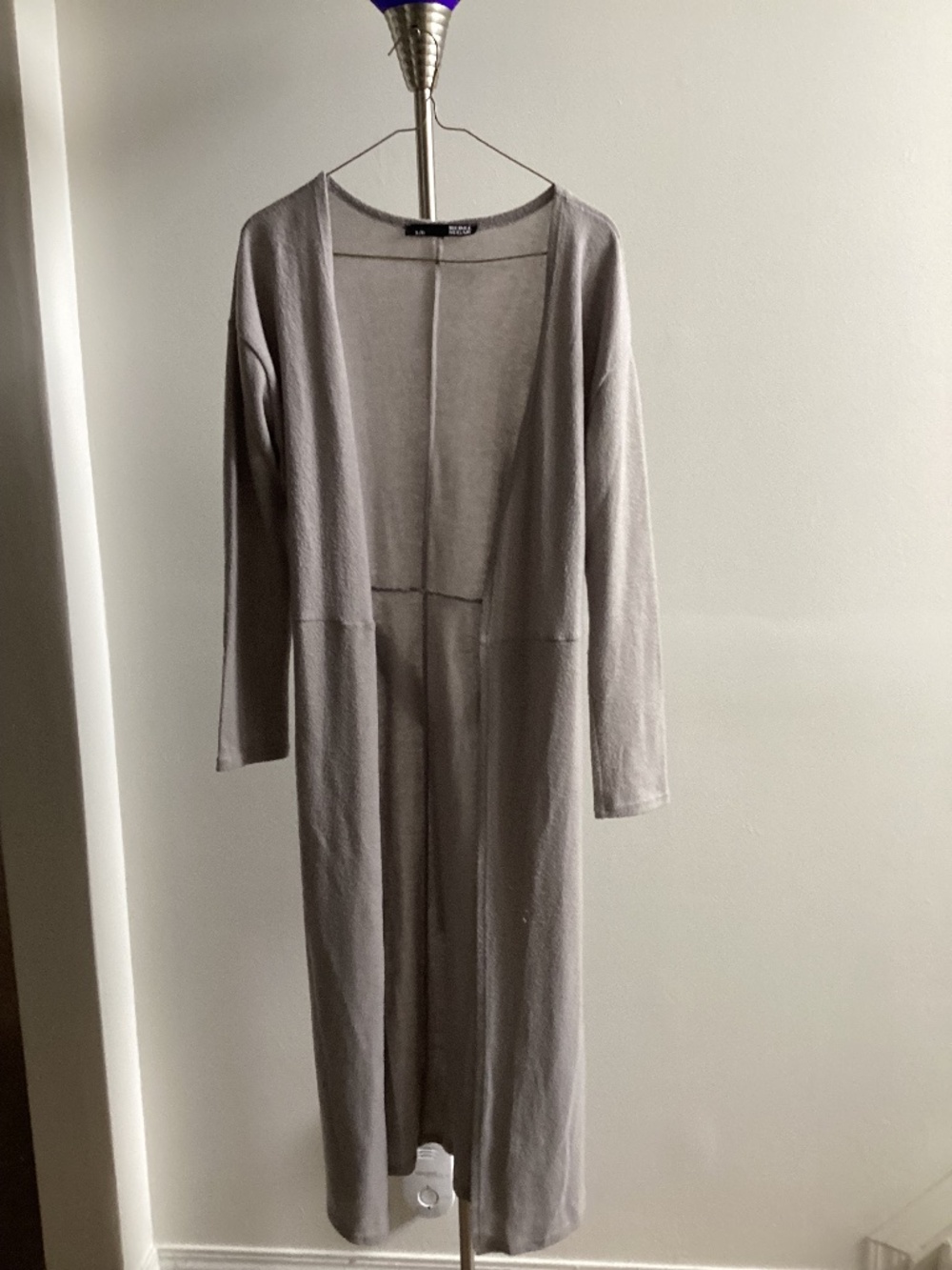 Long belted grey open cardigan